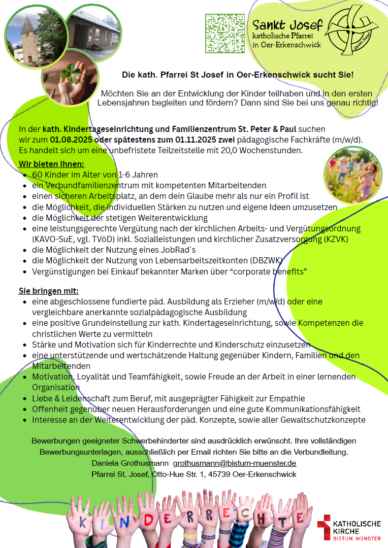 Stellenanzeige paedagogische Fachkraefte Teilzeit StPeterUndPaul